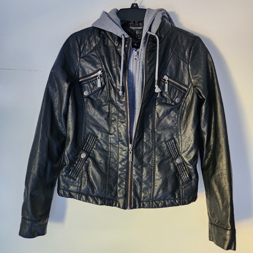 J2 faux leather biker jacket with gray hoodie lining – size small